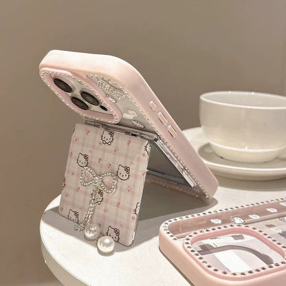 Pink Kitty Bow Phone Case with Mirror Holder