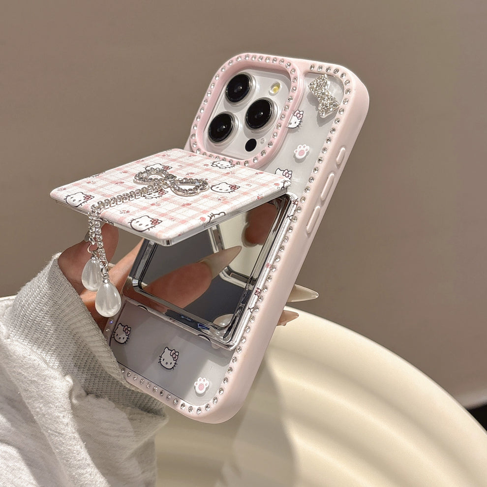 Pink Kitty Bow Phone Case with Mirror Holder