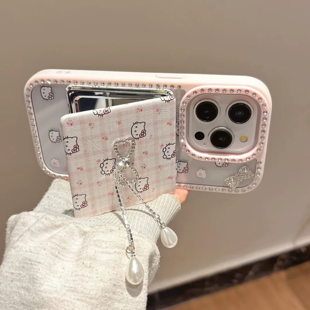 Pink Kitty Bow Phone Case with Mirror Holder